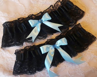 Light Baby Blue Satin & Black Lace Wedding Garter or 2pc Set