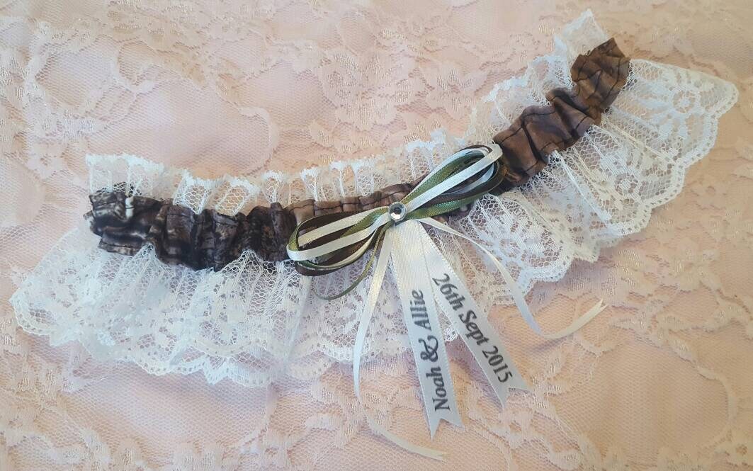 Camo Camouflage Realtree Inspired Wedding Garter Belt or 2pc Set w/ White Lace & Gemstone