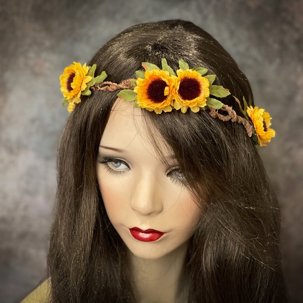 Flower head wreath-Woodland Flower crown-Circlet-Twig Tiara Fabric Flowers-head piece