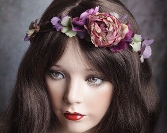 Flower head wreath-Woodland Flower crown-Circlet-Twig Tiara Fabric Flowers-head piece