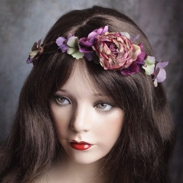 Flower head wreath-Woodland Flower crown-Circlet-Twig Tiara Fabric Flowers-head piece