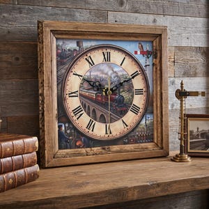 Stoomtrein wand- of bureauklok – Gepersonaliseerd vintage spoorwegcadeau - 20 cm vierkant handgemaakt houten frame - Donker eiken of antiek grenen wax