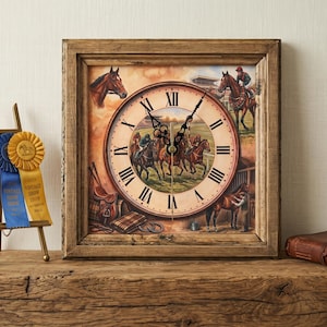 May include: A square wall clock with a rustic wooden frame featuring a horse racing scene on the face. The clock has black hands and black Roman numerals. The scene depicts jockeys on horses, a stable area, and a horse head in the corner.