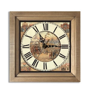 May include: Square wall clock with a light brown wooden frame. The clock face features a vintage carnival scene with a Ferris wheel, steam engine, and people. Black Roman numerals mark the hours. The clock hands are black.