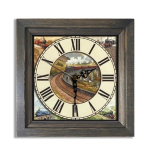 Reloj de pared de madera hecho a mano con forma de tren de vapor antiguo