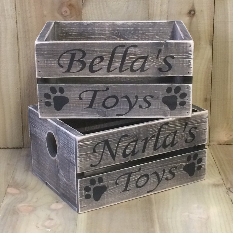 Dog Toy Box Wooden Storage Crate Vintage Weathered Shabby Grey Etsy