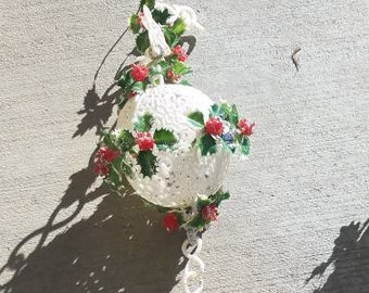1960s christmas ornament Vintage Christmas Garland Filigree White Ball Holly Red Berry glitter 18/' Plastic decoration 1970s