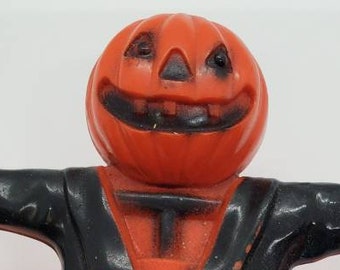 PUMPKIN, Punkin', head, HALLOWEEN, hard plastic, candy container, SCARECROW, Vintage, Orange, Jack o lantern