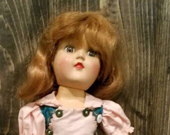 Antique Toni doll, vintage Ideal P-90, hard plastic, original dress, toni home permanent, redhead, doll, green dress,