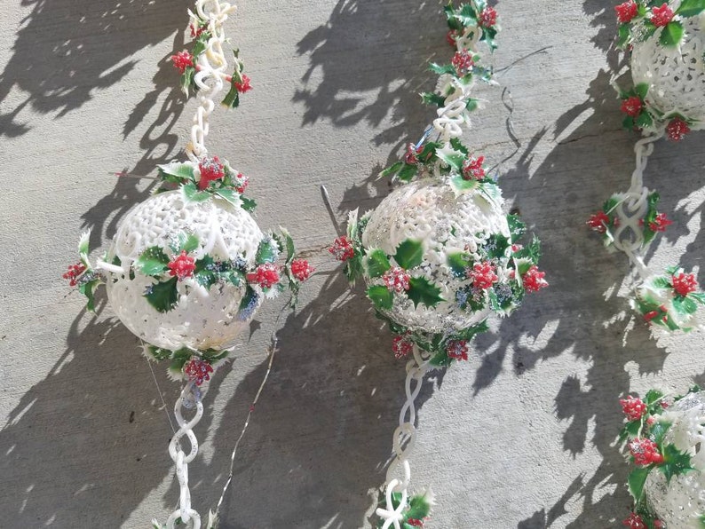 1960s christmas ornament Vintage Christmas Garland Filigree White Ball Holly Red Berry glitter 18/' Plastic decoration 1970s