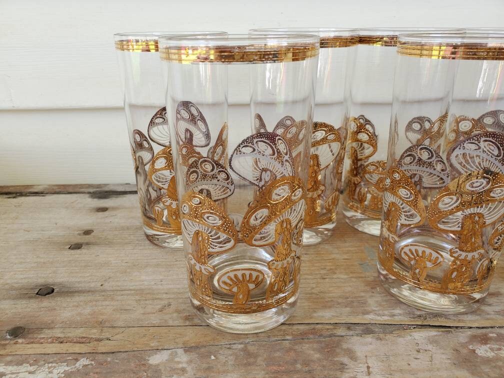 Vintage Culver Set of 8 22k Gold Collins Glasses Mushrooms Mid Etsy