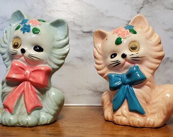 アメリカ80年代ヴィンテージ　手描きの瞳やまつ毛、ピンクのほっぺが美しい猫の陶器 アメリカ80年代ヴィンテージ 手描きの瞳やまつ毛、ピンクのほっぺが