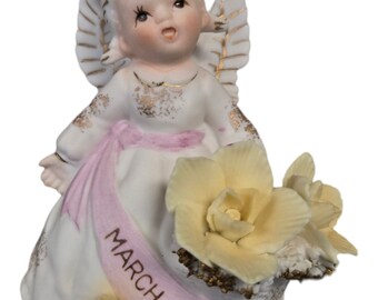 Ange du mois d'anniversaire de Lefton, mars, Lefton, figurine fille vintage, ange spaghetti, étiqueté, objets de collection antiques, cadeau de fête des mères pour elle