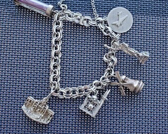 Sterling Silver Charm Bracelet, Vintage travel souvenir Jewelry, valentines day gift for her, estate fine jewelry, wedding day gift, old