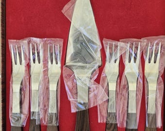Vintage Burnco dessertset 6 gafflar + serveringshandtag i trä MCM rostfritt stål