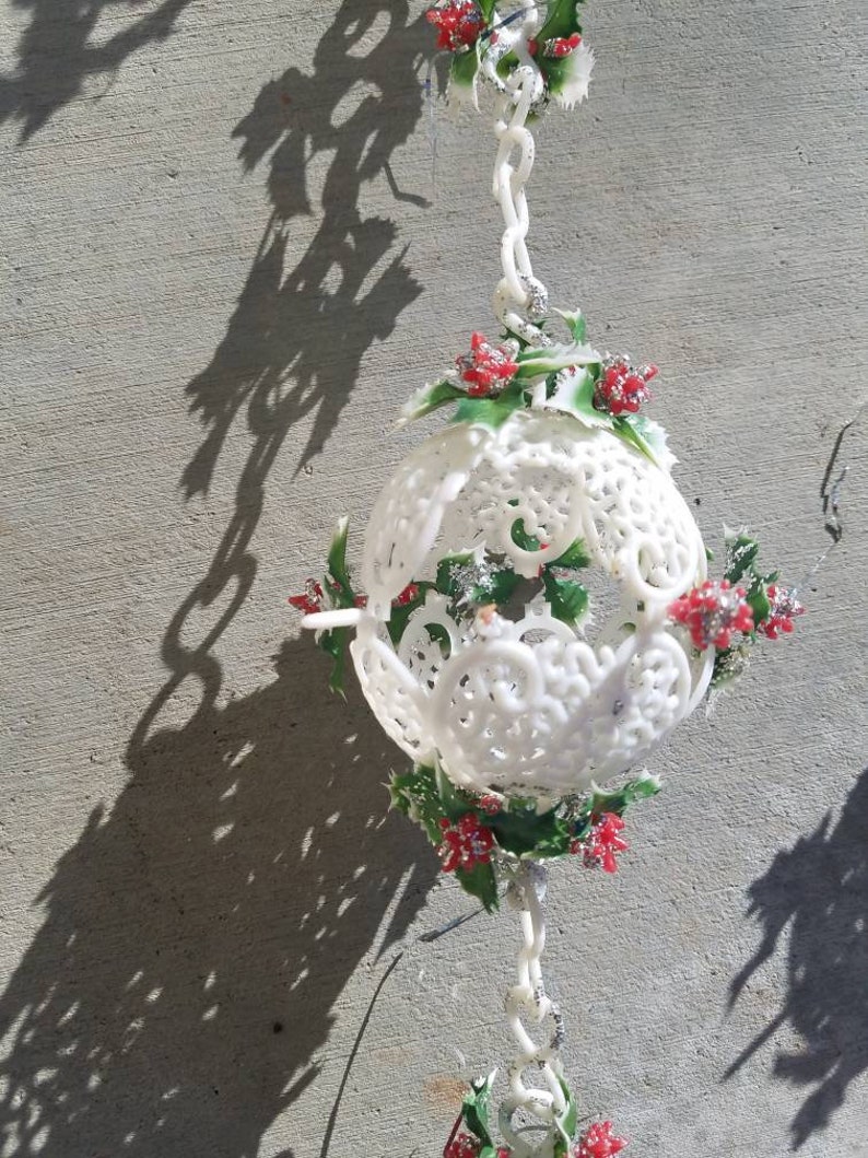 1960s christmas ornament Vintage Christmas Garland Filigree White Ball Holly Red Berry glitter 18/' Plastic decoration 1970s