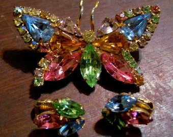 butterfly brooch clip earrings jewelry set Colorful vintage rhinestone Vintage