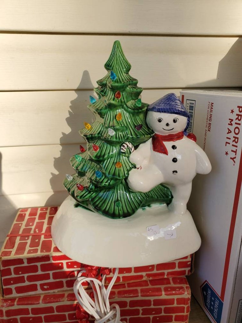 Ceramic Christmas tree with lights Ceramic Snowman figurine Etsy
