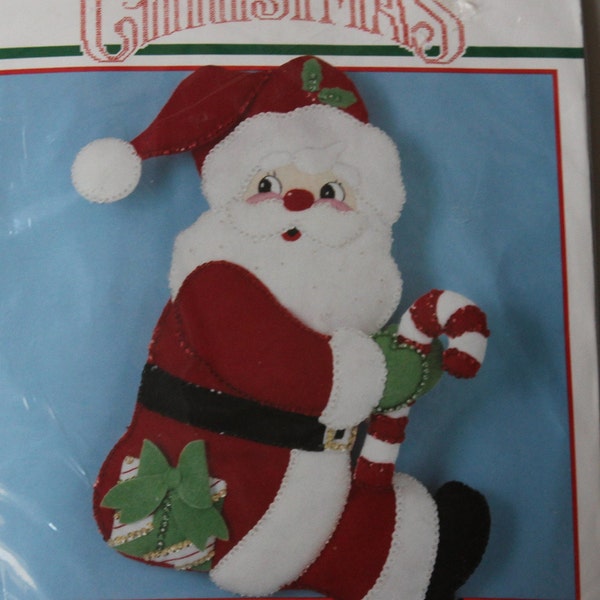 Bucilla stocking kit, 18" Diagonal Felt Stocking, Santa, With, Candy Cane, 82820, unopened pack, Mothers day gift, Christmas Present, 1990