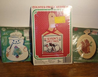 Vintage Counted Cross stitch Miniature kit, Christmas ornaments, . 3 Beginner needlework Kits for children and adults