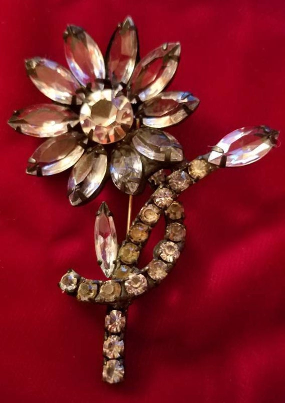 Crystal Rhinestone Flower Pin, Mid century, Flora… - image 1