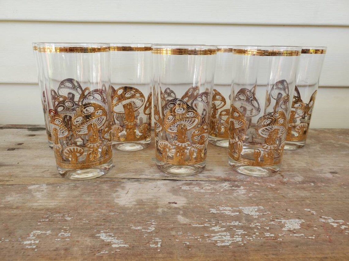 Vintage Culver Set of 8 22k Gold Collins Glasses Mushrooms Mid Etsy