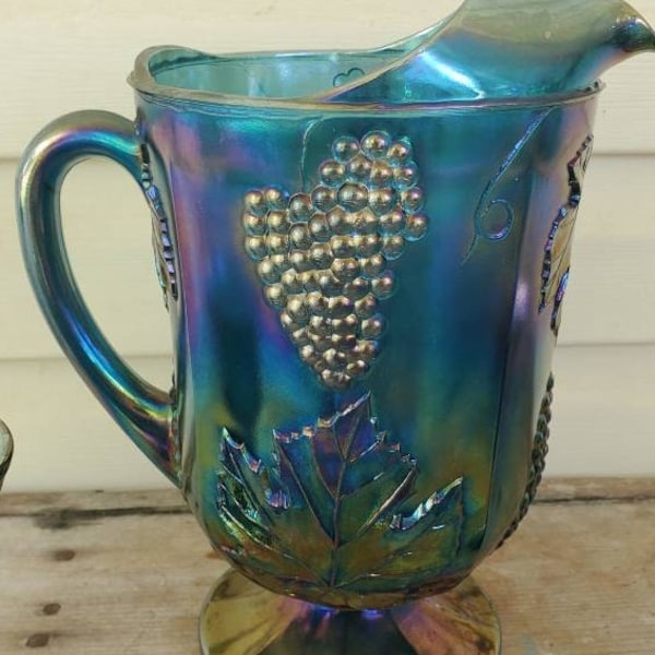 Blue carnival glass Pitcher, Indiana Glassware, reproduction, Fathers day gift, for him, collector, birthday gift for mom, grape harvest