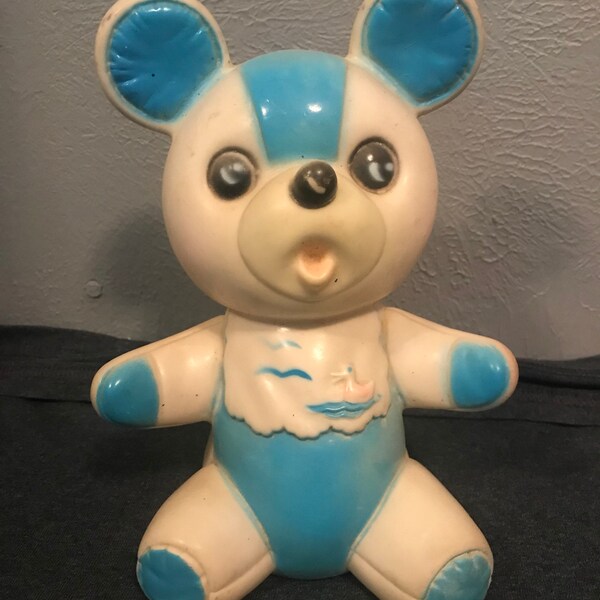 Squeaky toy Blue baby bear, Sanitoy, Squeeker toy, Squeaker works, Vintage, Antique, squeeky, Old rubber toy, big eyes, kawaii