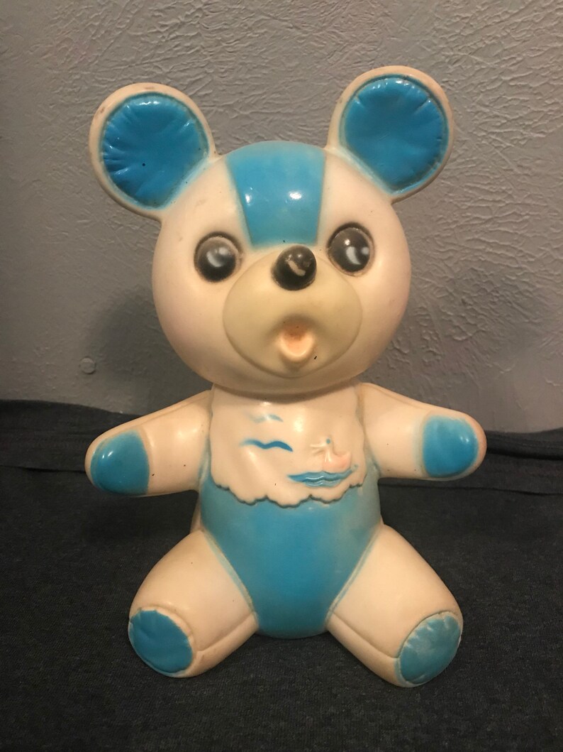 Squeaky toy Blue baby bear, Sanitoy, Squeeker toy, Squeaker works, Vintage, Antique, squeeky, Old rubber toy, big eyes, kawaii image 1