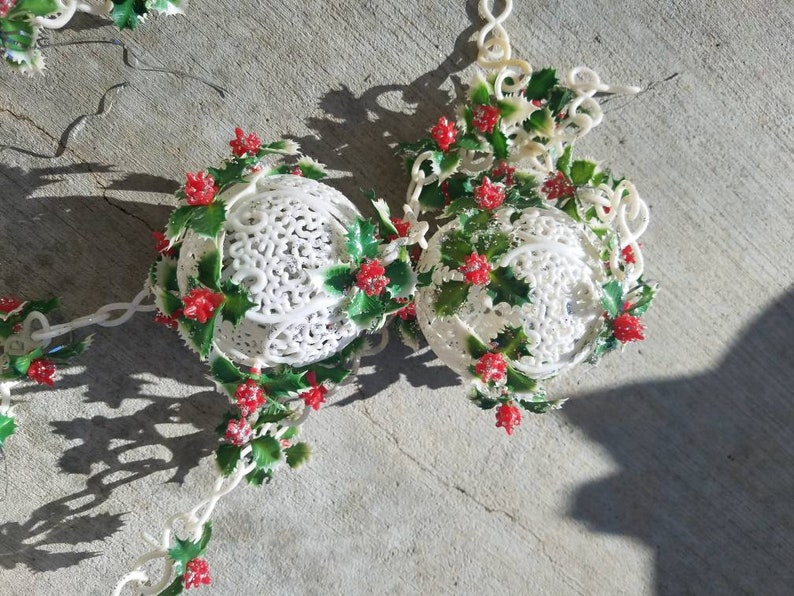 1960s christmas ornament Vintage Christmas Garland Filigree White Ball Holly Red Berry glitter 18/' Plastic decoration 1970s