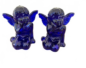Cobalt Blue Heavy Glass Pair Angel Cherub Candle Holders Vintage 5"