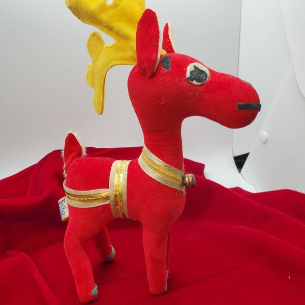 Dakin dream pet  vintage reindeer, Red Velvet, reindeer, Made in Japan, Decoration, Bell on neck, 1950s 1960s, Christmas ornament