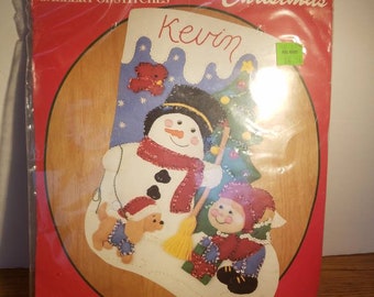 Bucilla "FROSTY AND FRIENDS" Felt Christmas Stocking Kit 1991 15" Snowman Beads, Sequins, Vintage,  Christmas, Unopened, shiny bright