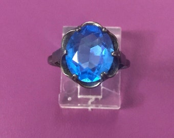 Chunky blue Ring, Sterling setting, Adjustable to 8.5, 1960s, 1950s, Jewelry, wedding, estate, , Antique, old, sterling silver Vintage