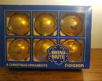 6 Gold Shiny Brite Glass ornaments, 1960s Christmas Decoration, Original box, matched set, antique Glass bulbs, Shiny bright,1950s Ornaments