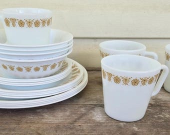 Conjunto de jantar CORELLE BUTTERFLY GOLD, para 4 pessoas, com canecas, 20 peças, Pyrex
