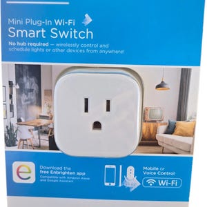 May include: A white Mini Plug-In Wi-Fi Smart Switch in packaging. The packaging is blue with the brand name "enbrighten" at the top. The text on the packaging says "No hub required - wirelessly control and schedule lights or other devices from anywhere!"