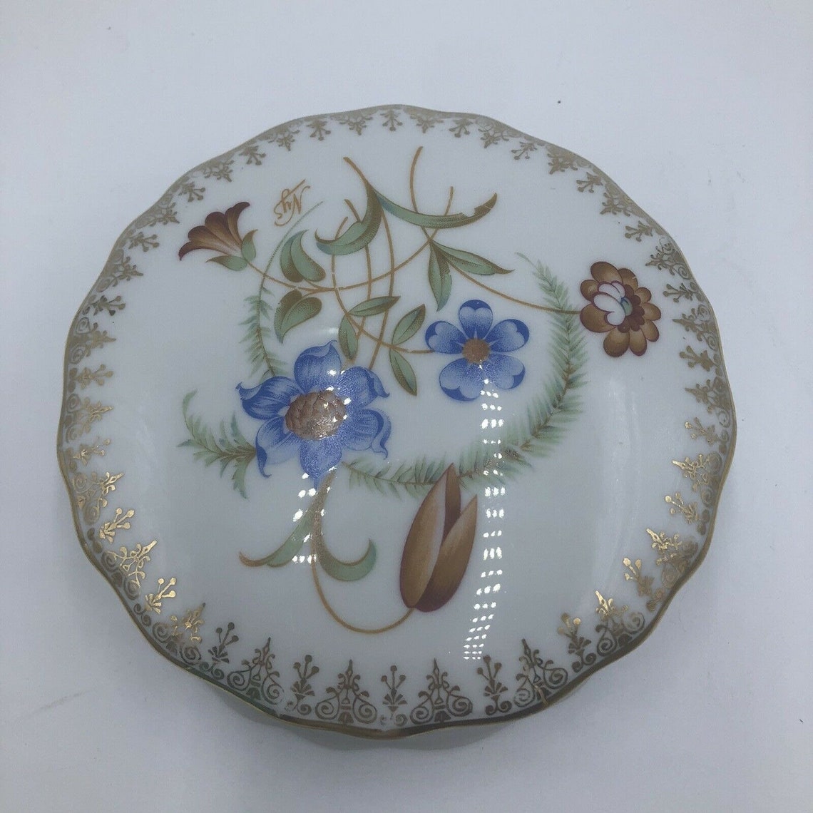 Limoges France Chastagner & Cie Round Gold Leaf Candy Dish Botanical