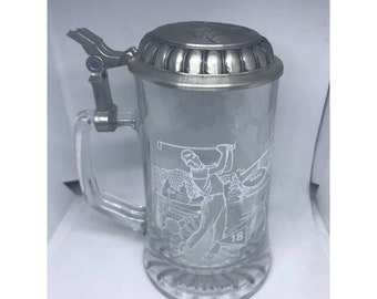 Vintage FIYE Italy Glass Beer Stein Mug Tankard Pewter Lid Sports Figures Golf