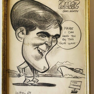 Surfer folk art charcoal sketch “Surfer Keller Goes North” 1965 Caricature 12x16
