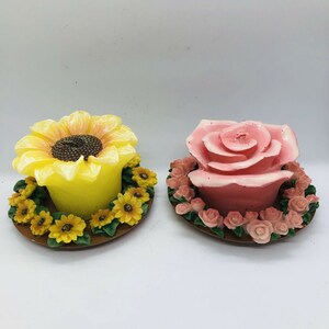 Candles Floral Ceramic Base Holders with Flower Candles Pink & Yellow 4&quot;