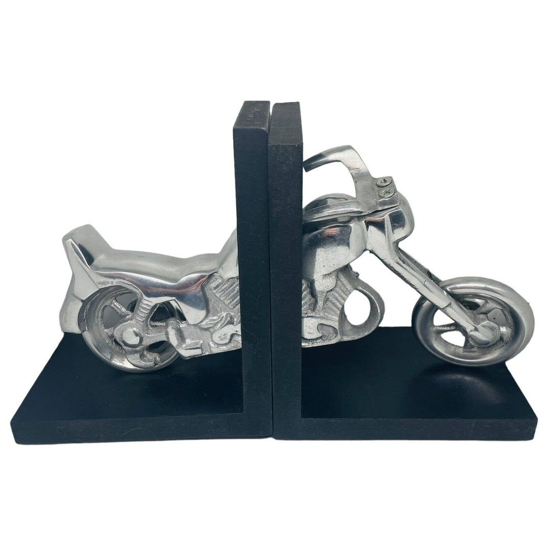 Motorcycle Chopper Bookends Stainless Steel & Wood Made in Etsy