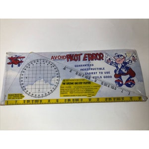 May include: A blue and yellow plastic pilot plotter with a compass rose and a ruler. The plotter is labeled "Avoid Pilot Error" and "The Lifetime One-Step Plotter".