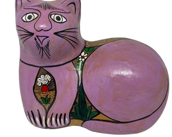 Mexican Folk Art Purple Cat Figurine Hand Painted Terra Cotta Clay Pottery 6”x5”