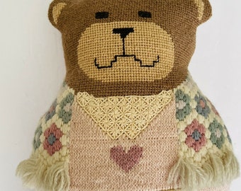 teddy bear plush pillow grandma handmade embroidered vintage 13” x 8”