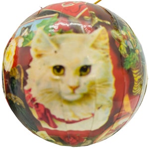 3 Decoupage paper mache cat ball ornaments 3” lot of 3 mint condition