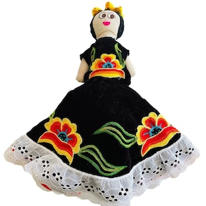 Vintage topsy turvy doll, handmade Dress embroidered faces folk art Mexican 15”