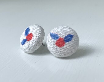 Cherry blossom fabric button earrings, 5/8”, red, white and blue, stainless steel stud