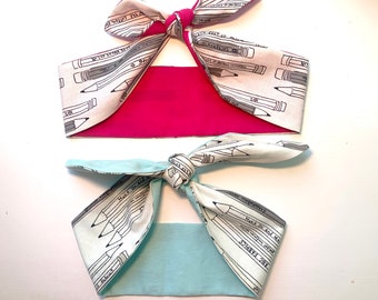 1950’s style Back to school head wrap, headband, pencils with blue or pink