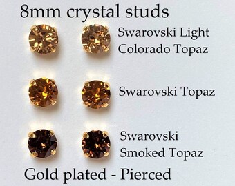 Large 8mm Crystal studs PIERCED earrings, Gold plated stud earrings, golden rhinestone citrine topaz crystal colors, 2 Carat gemstone size